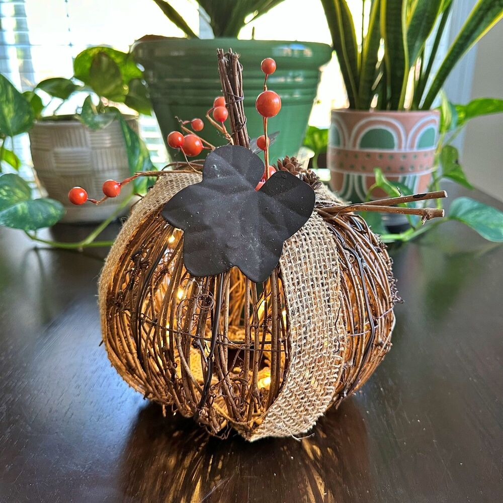 Grapevine Pumpkin Decoration Woven Rattan Light-up Battery Powered Cottagecore